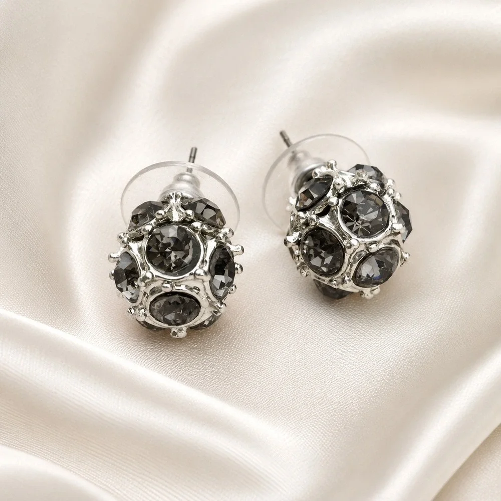 Smoke Gray & Silvertone Cluster Ball Rhinestone Stud Earrings